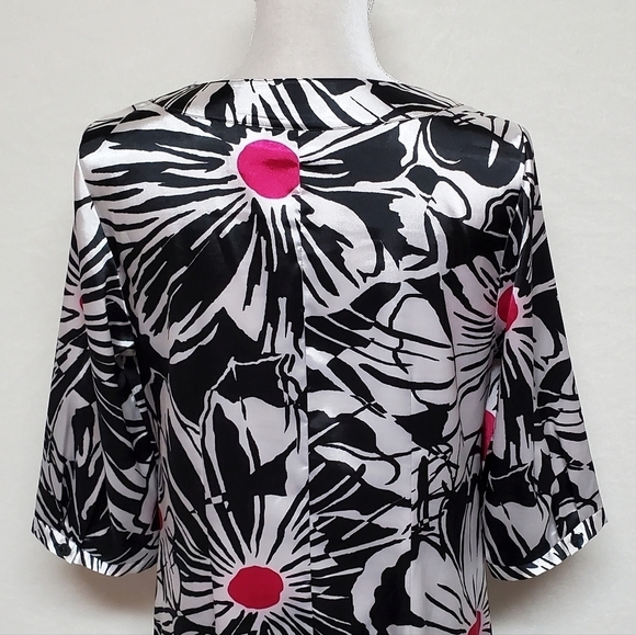 VINTAGE 90s Chico's Black Fuschia Satin Abstract Floral V-neck Shift Dress - Picture 9 of 11